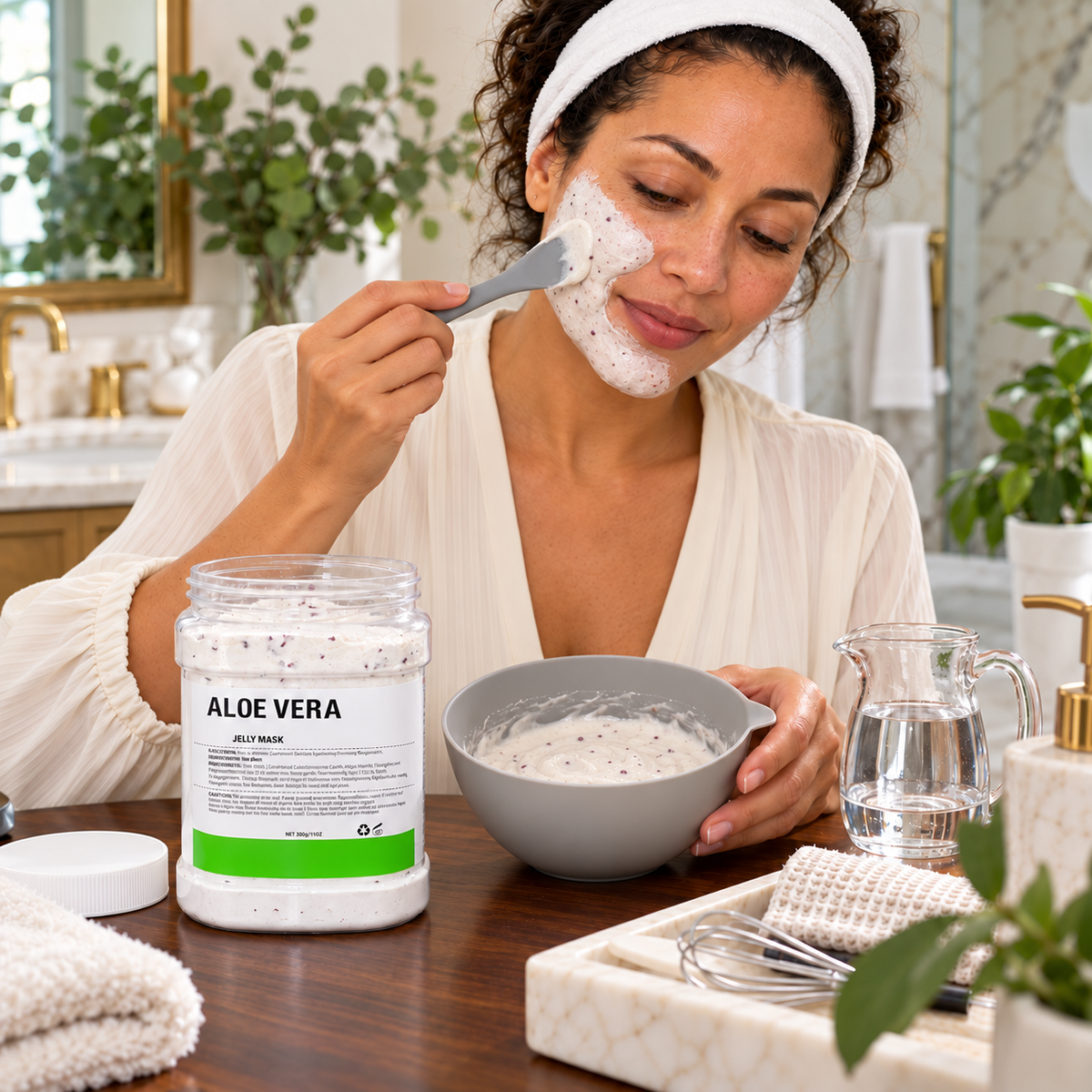 Aloe Vera Jelly Mask 300 g — applying prepared mask