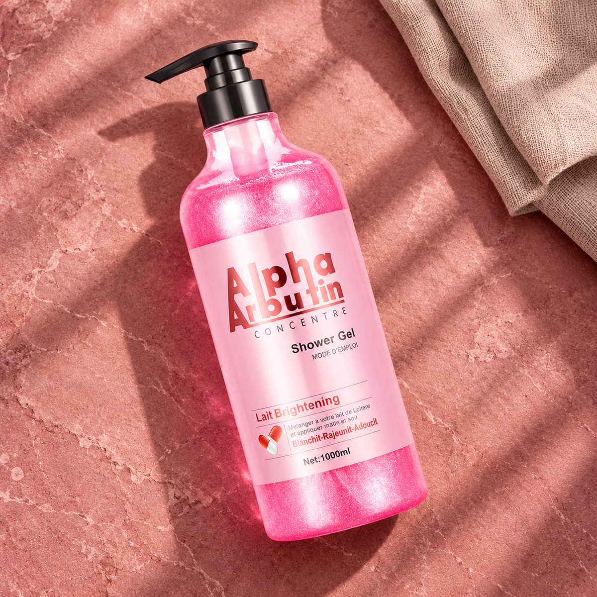 Alpha Arbutin Concentré Shower Gel 1,000 ml pump bottle in a diagonal flat lay