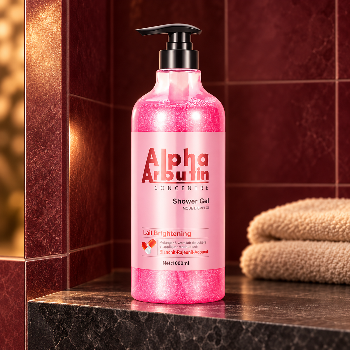 Alpha Arbutin Concentré Shower Gel 1,000 ml pump bottle in a tiled bathroom alcove
