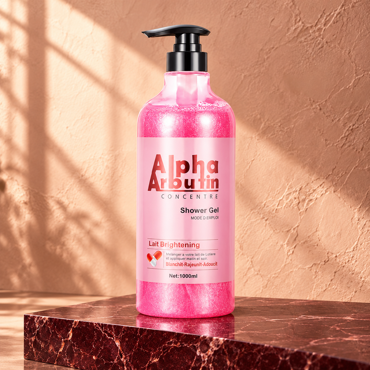 Alpha Arbutin Concentré Shower Gel 1,000 ml pump bottle on burgundy stone