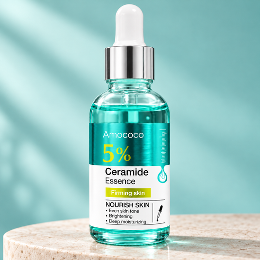 Amococo 5% Ceramide Essence bottle on a stone display plinth