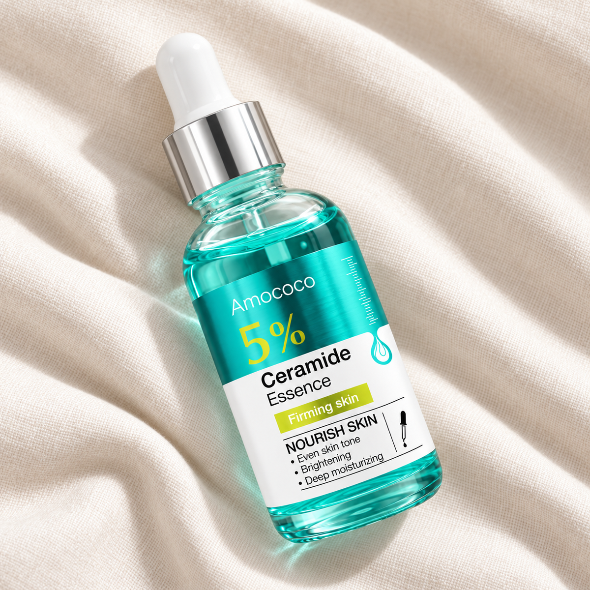 Amococo 5% Ceramide Essence bottle on cream linen