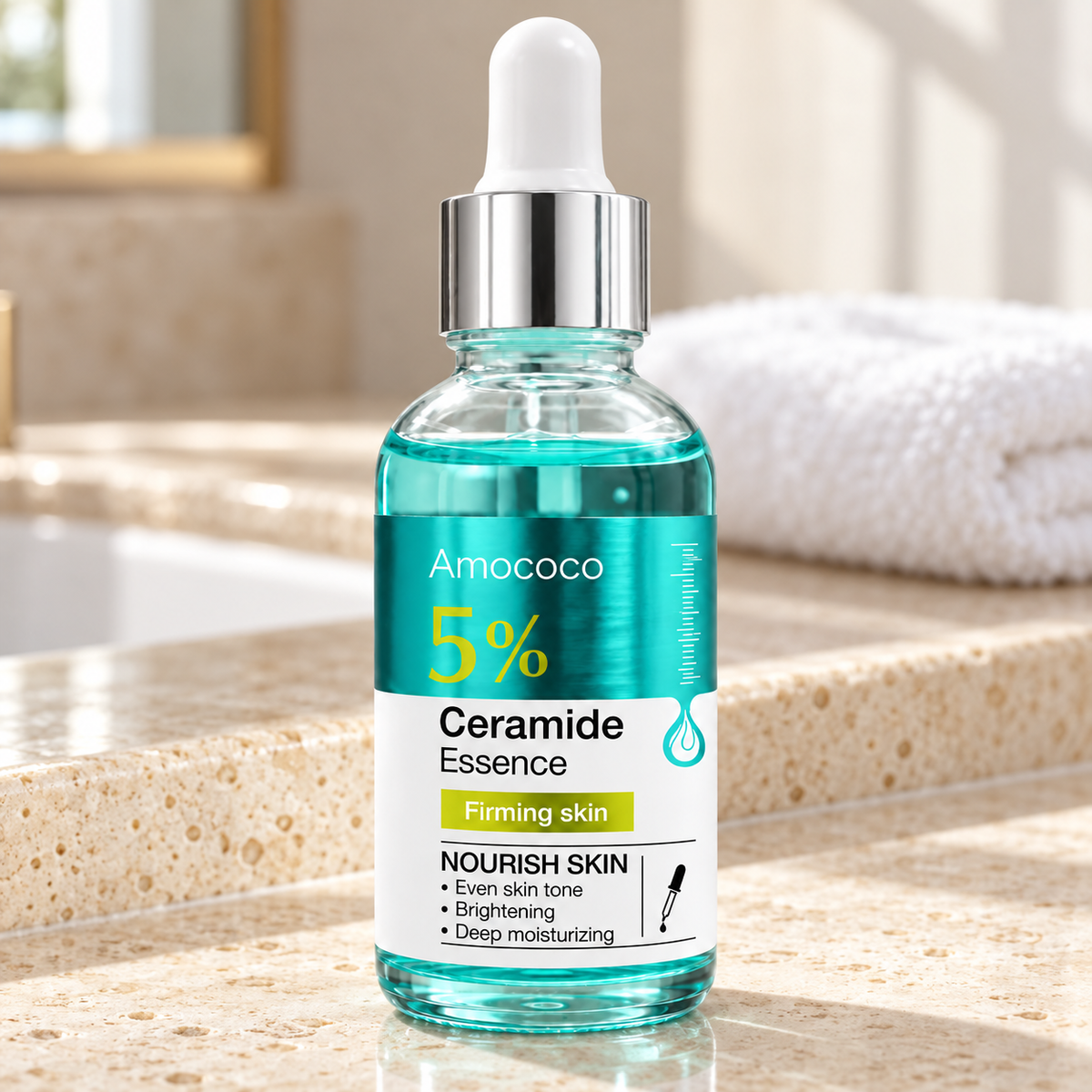 Amococo 5% Ceramide Essence bottle on an ivory vanity