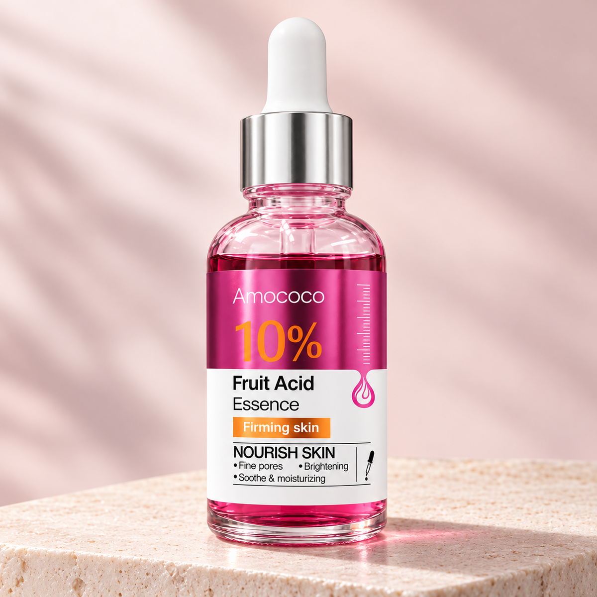 Amococo 10% Fruit Acid Essence bottle on a stone display plinth