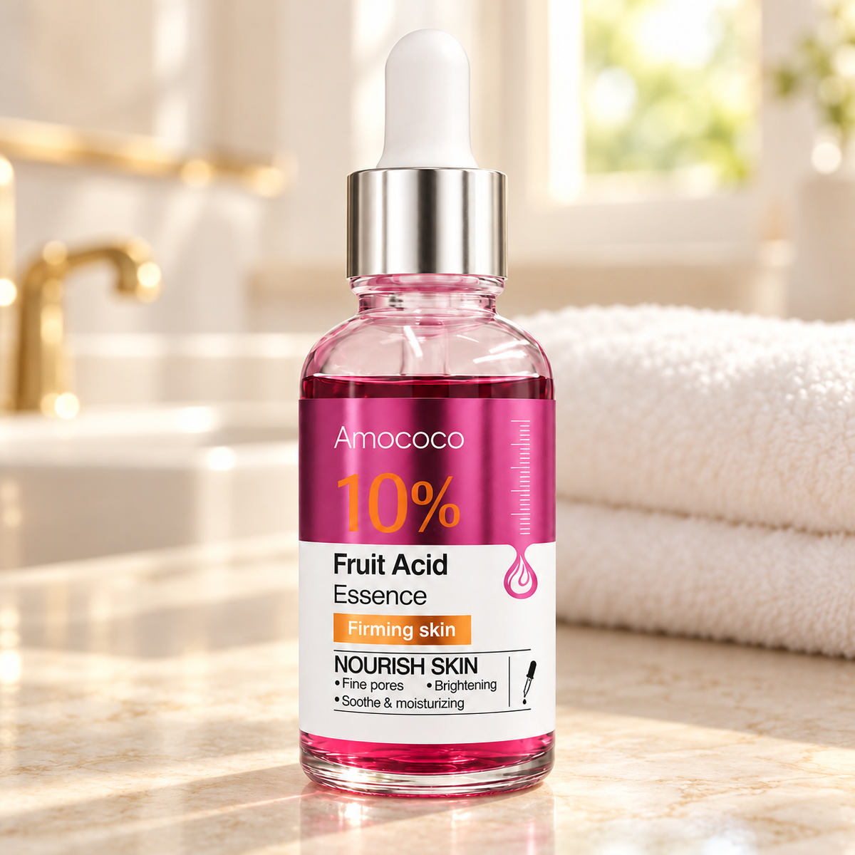 Amococo 10% Fruit Acid Essence bottle on an ivory vanity