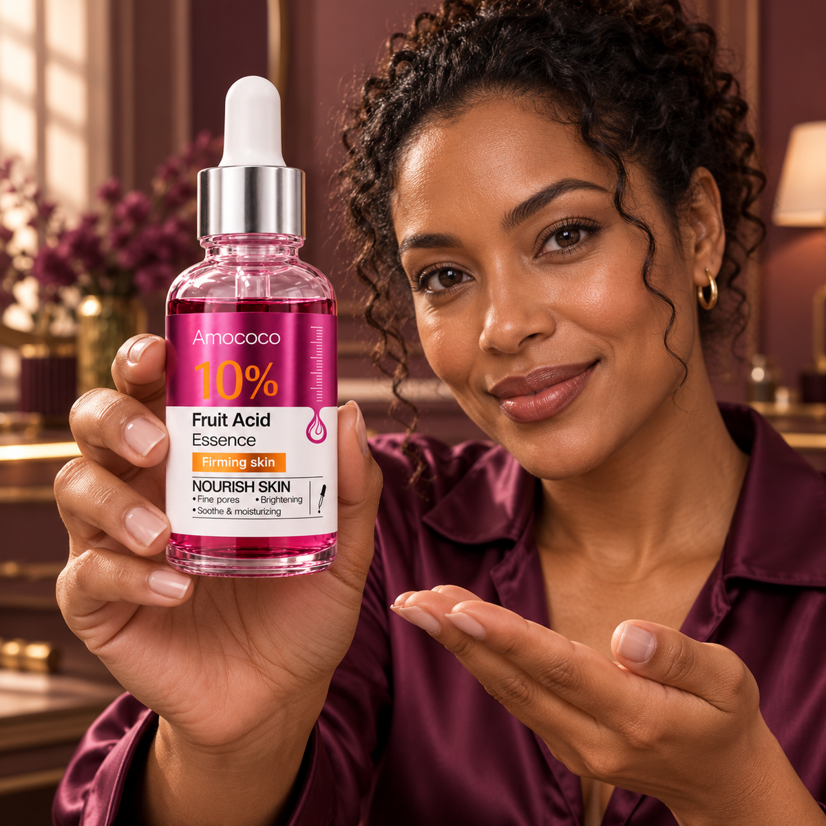 Adult woman presenting the closed Amococo 10% Fruit Acid Essence bottle in a plum-toned dressing room