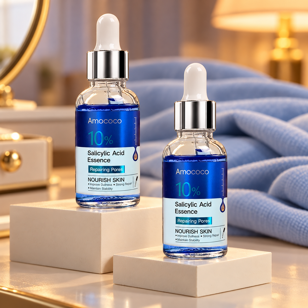 Two Amococo Salicylic Acid Essence bottles on cream display blocks beside powder-blue linen