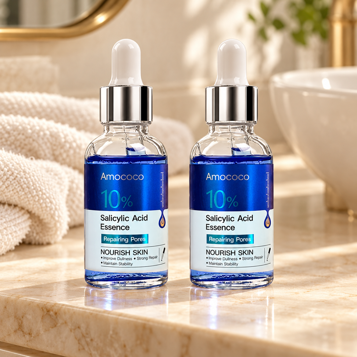 Two Amococo Salicylic Acid Essence bottles on an ivory bathroom vanity