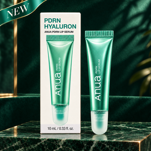 Anua PDRN Lip Serum 10 mL closed turquoise tube and original carton on dark jade marble