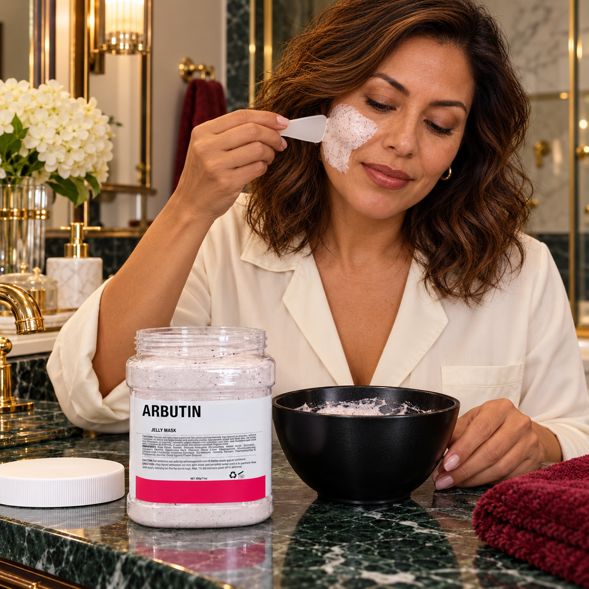 Arbutin jelly mask 300g — applying mask to the cheek, avoiding eyes and lips