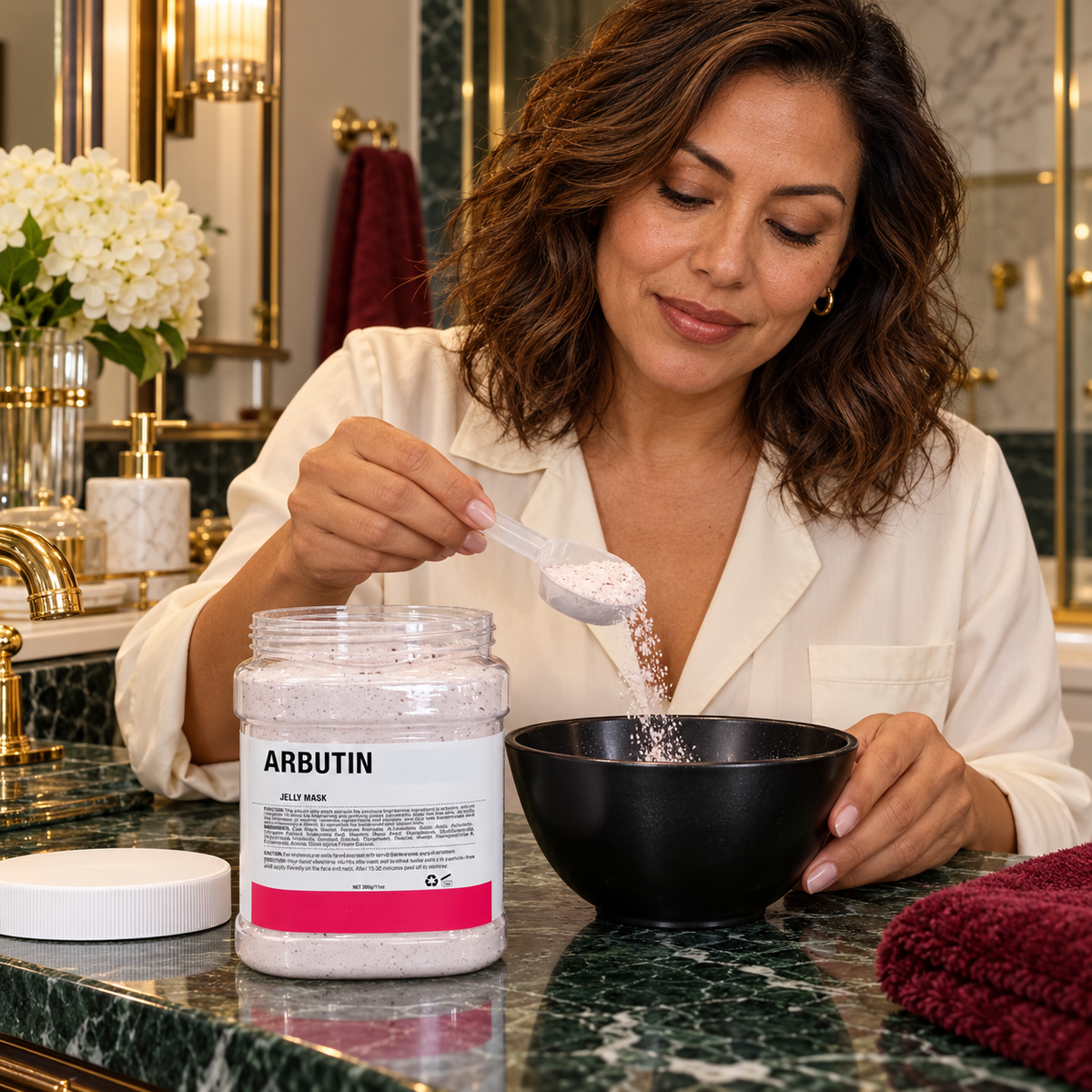Arbutin jelly mask 300g — scooping dry powder into a bowl