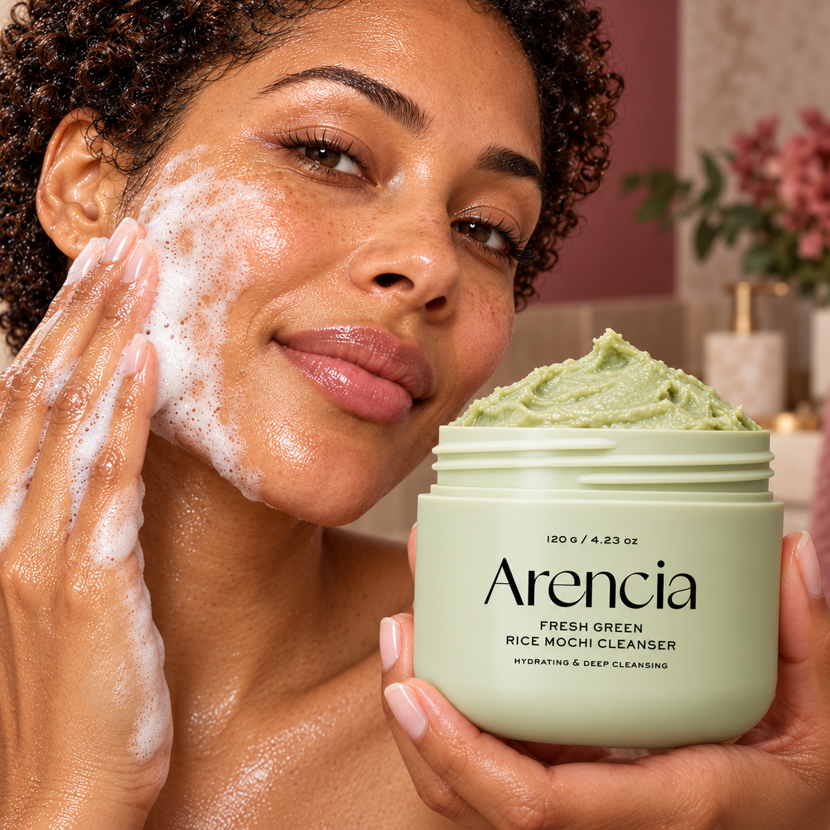 Arencia Fresh Green Rice Mochi Cleanser 120 g model cleansing usage