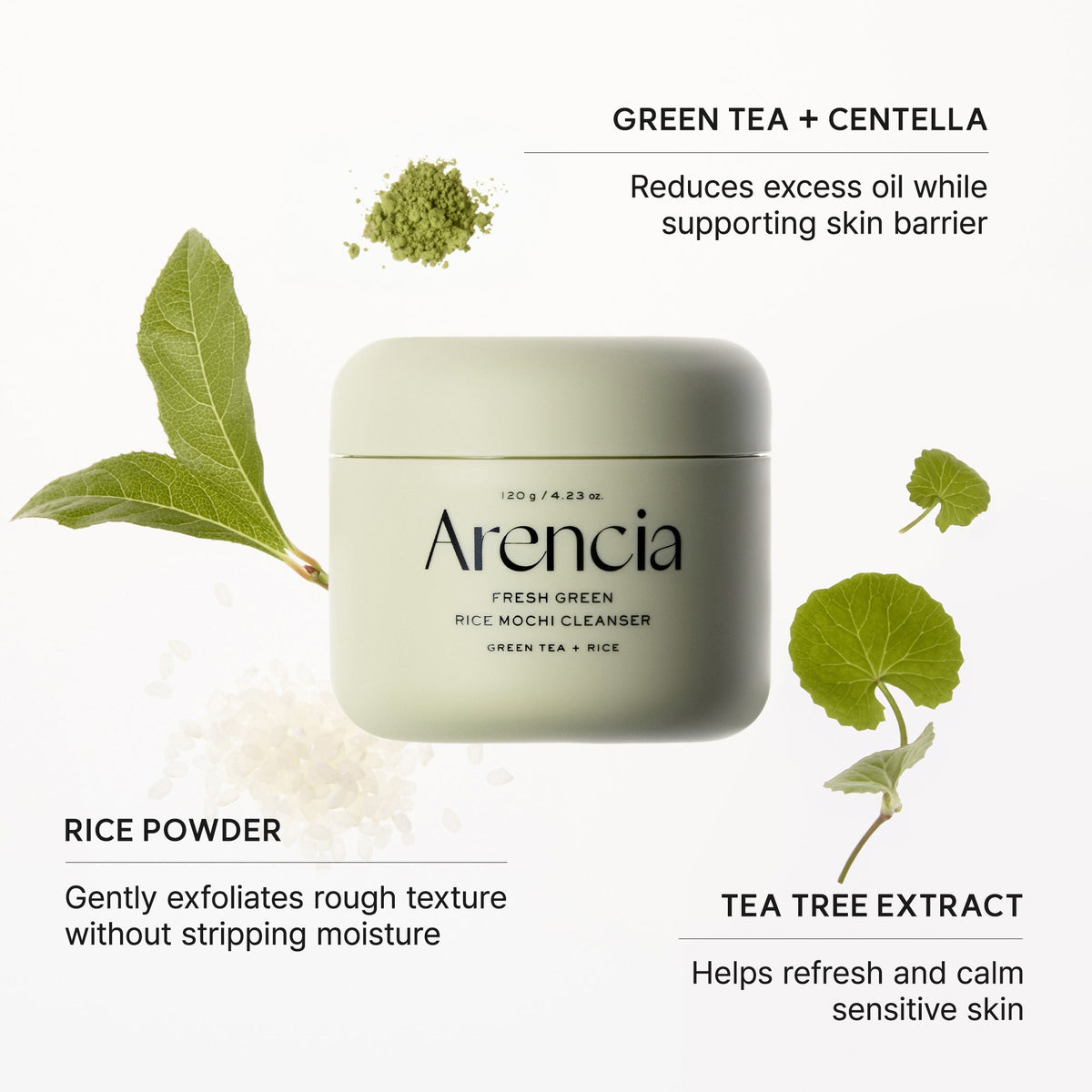 Arencia Fresh Green cleanser rice and botanical ingredient illustration