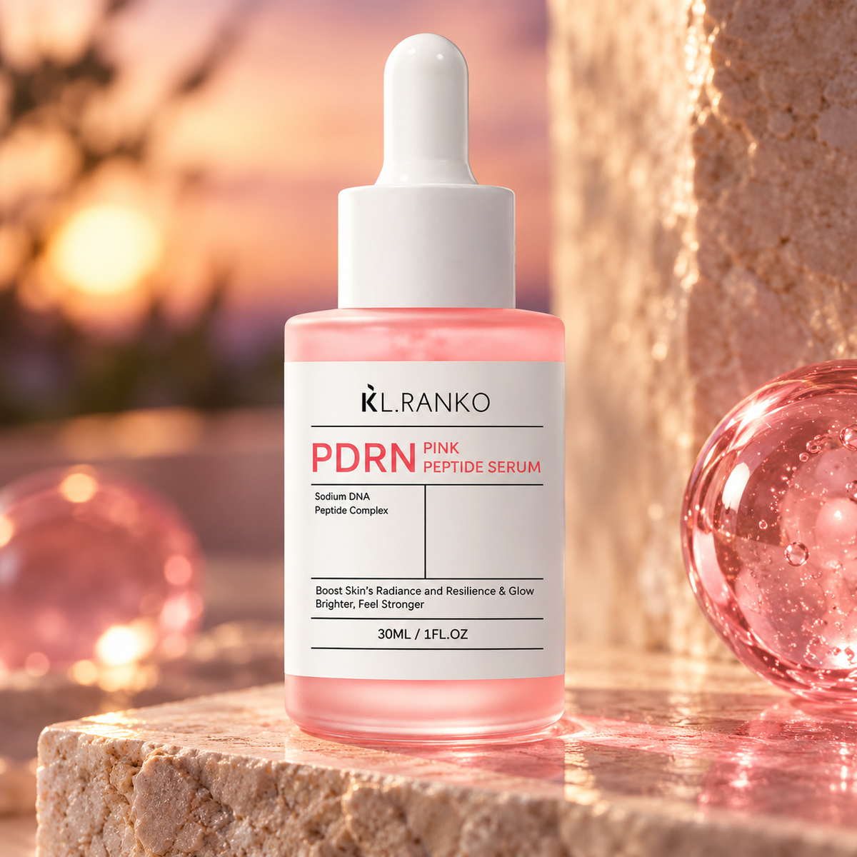 KL.RANKO PDRN Pink Peptide Serum — 30 ml — evening product still life