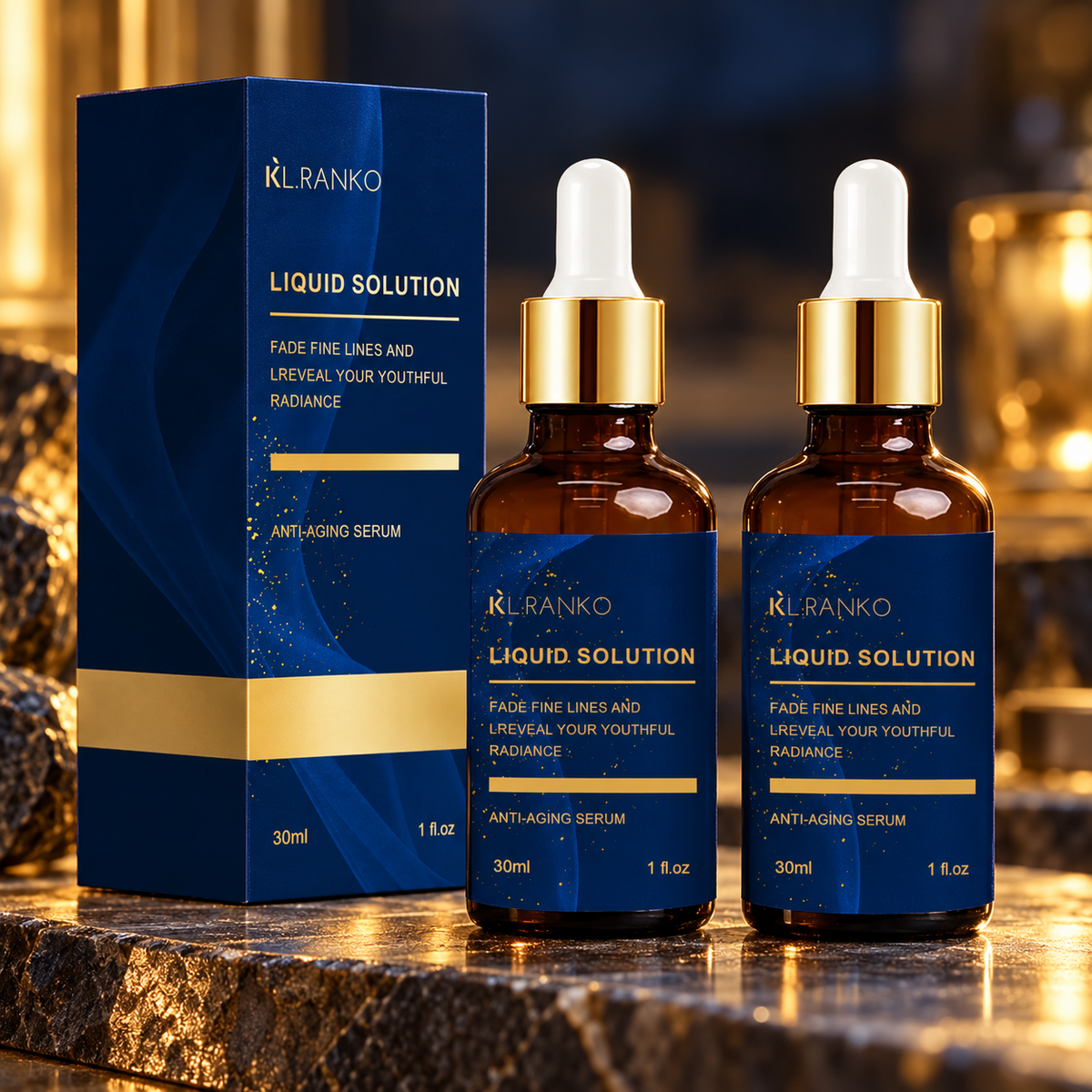 KL.RANKO Liquid Solution Facial Serum Set — 2 × 30 ml — evening product still life