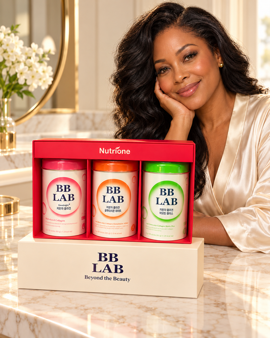 BB LAB three-formula 90-stick collagen bundle on bright marble with model