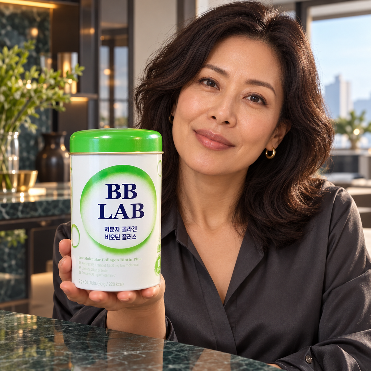 Adult model holding closed BB LAB Biotin Plus container; AI-styled presentation, not a result testimonial