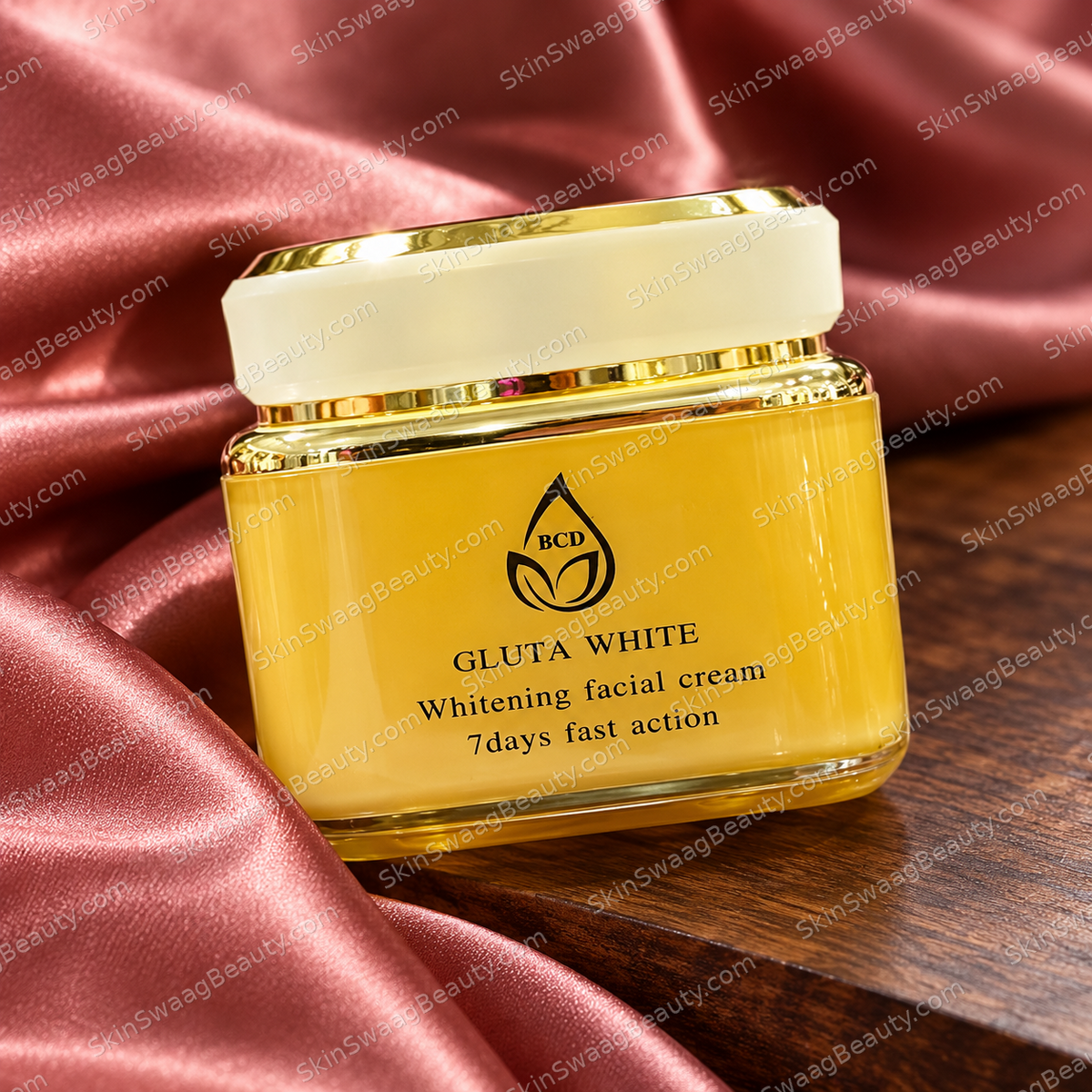 BCD Gluta White facial cream — detail view; SkinSwaagBeauty.com watermark.