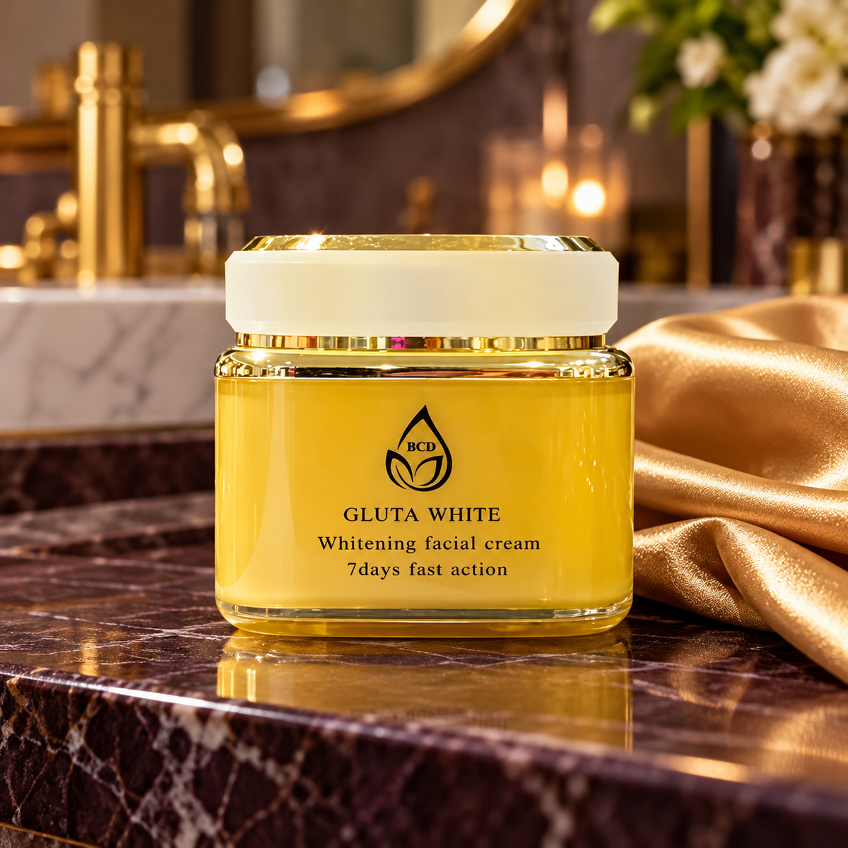 BCD Gluta White facial cream — hero view; SkinSwaagBeauty.com watermark.