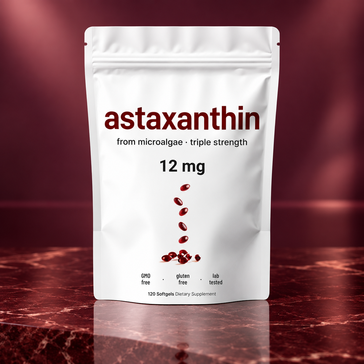 Astaxanthin 12 mg Softgels — 120 Count in a product-focused stone and glass setting; AI-styled photograph.