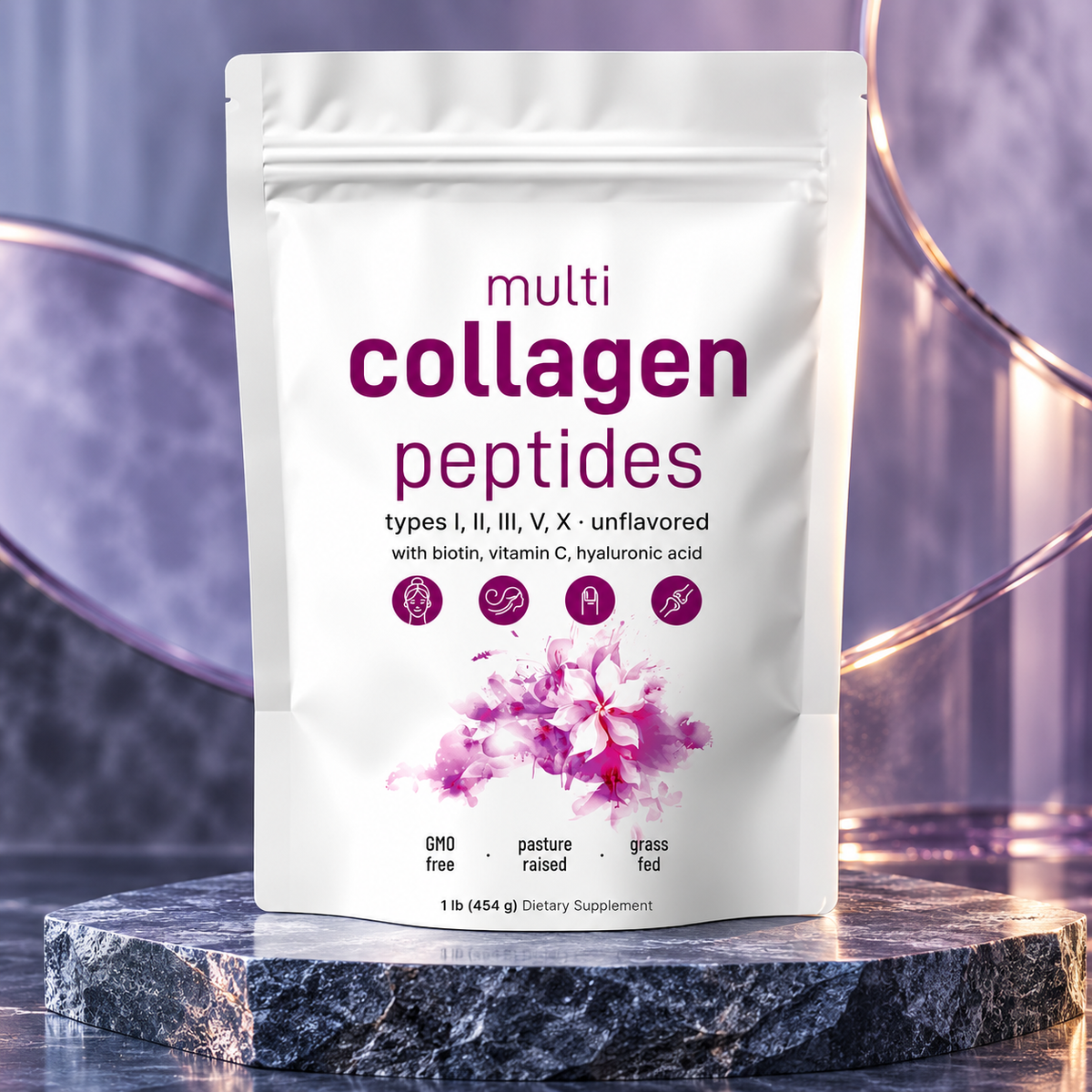 Multi Collagen Peptides Powder — 1 lb & 2 lb Options in a product-focused stone and glass setting; AI-styled photograph.