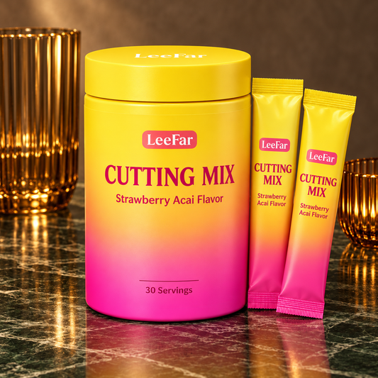 LeeFar Cutting Mix — Strawberry Açaí, 30 Sticks in a product-focused stone and glass setting; AI-styled photograph.