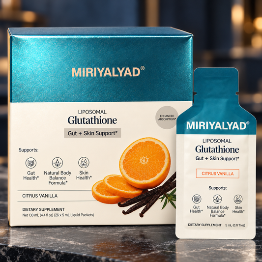 Product packaging displayed prominently on dark stone in an elegant interior.