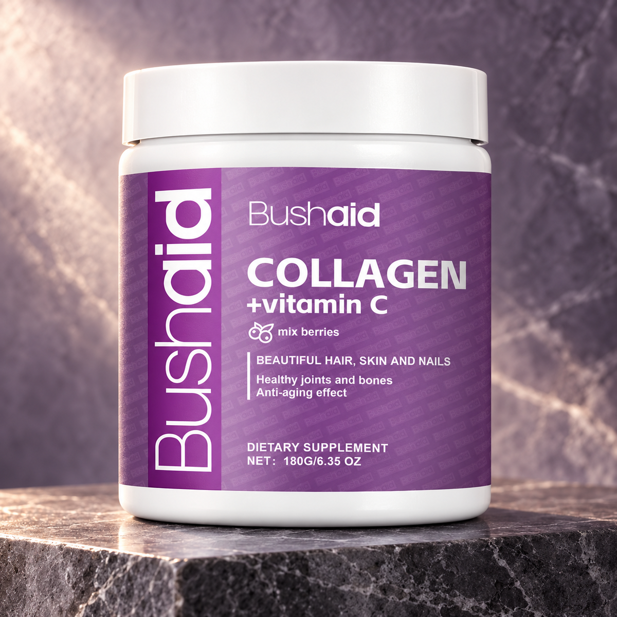 Bushaid Collagen + Vitamin C Powder — 180 g in a refined stone and glass setting; AI-styled product photograph.