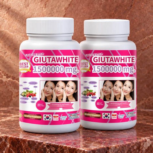Supreme Gluta White — Glutathione Softgels, 2-Bottle Set in a refined stone and glass setting; AI-styled product photograph.
