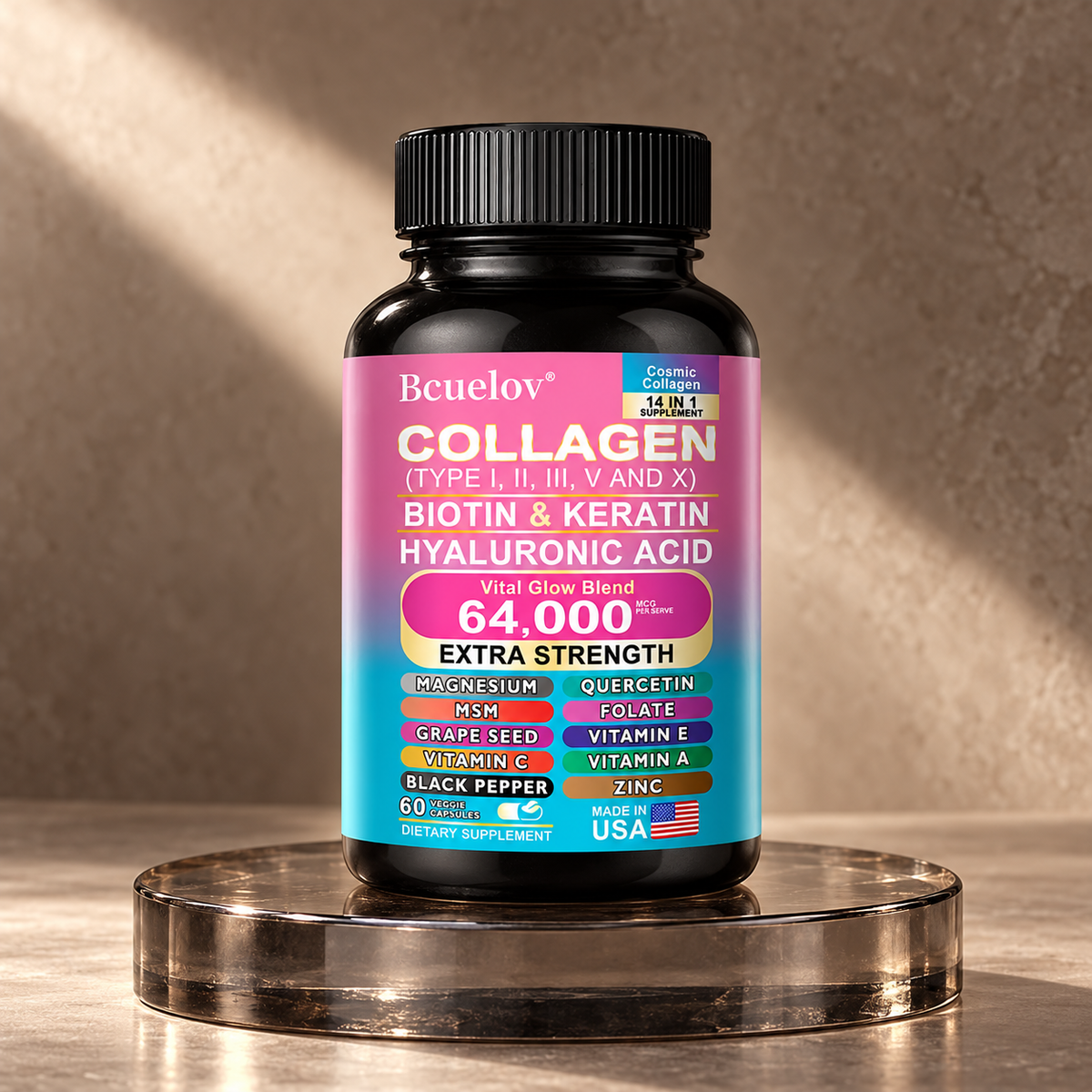 Bcuelov 14-in-1 Collagen, Biotin & Hyaluronic Acid Capsules in a refined stone and glass setting; AI-styled product photograph.