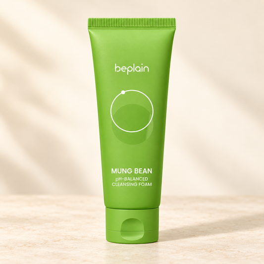BEPLAIN Mung Bean pH-Balanced Cleansing Foam, single green tube on cream stone