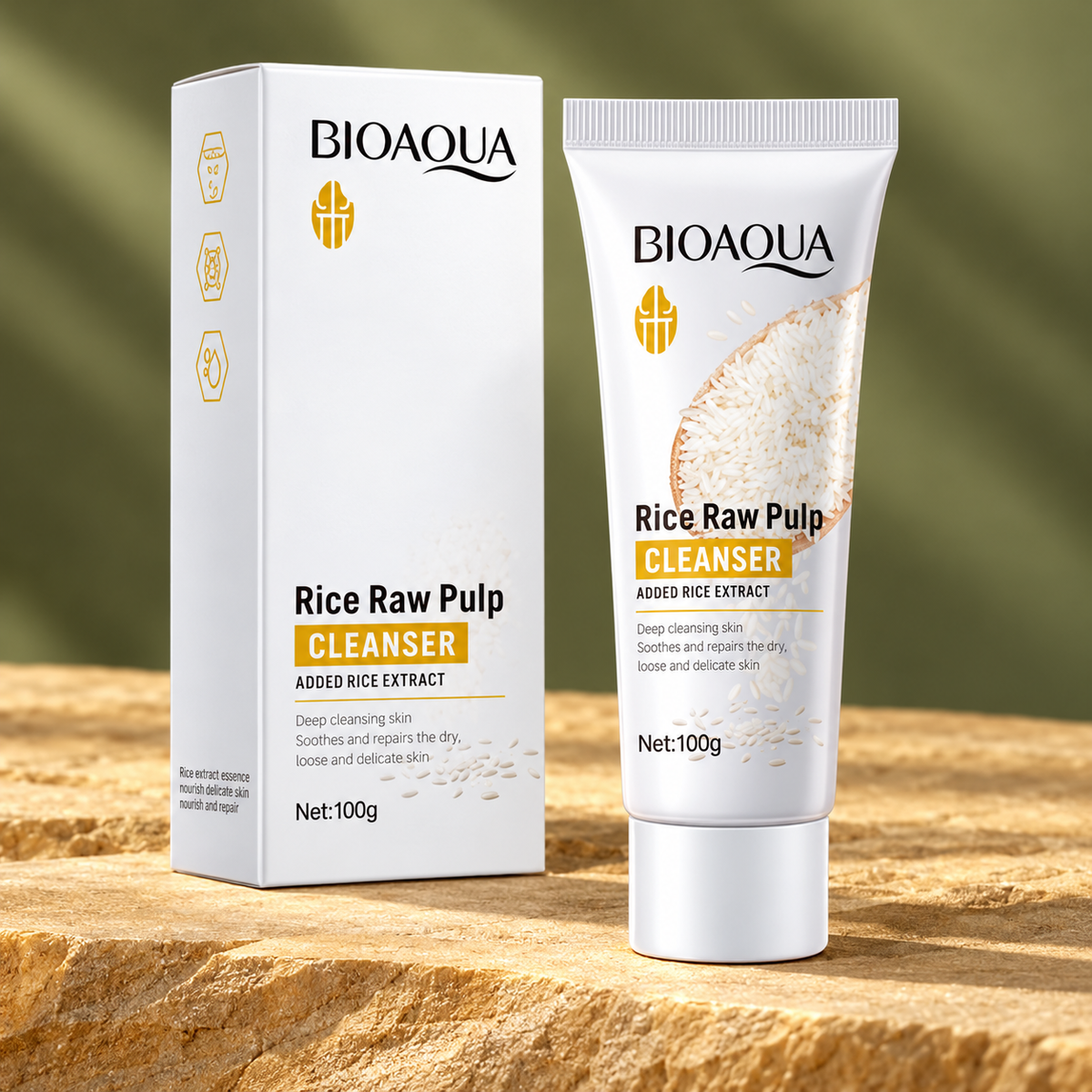 BIOAQUA Rice Raw Pulp Cleanser 100 g tube and carton on olive background