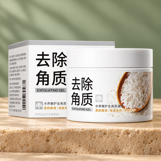 BIOAQUA White Rice Exfoliating Gel jar and carton on sage background