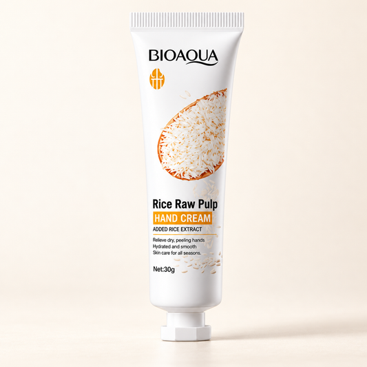 BIOAQUA Rice Raw Pulp Hand Cream, one 30 g tube on an ivory studio background