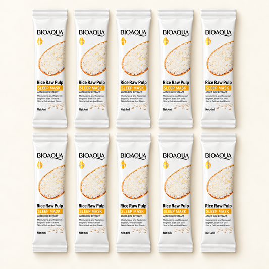 BIOAQUA Rice Raw Pulp Sleeping Facial Mask, ten 4 ml sachets on an ivory studio background