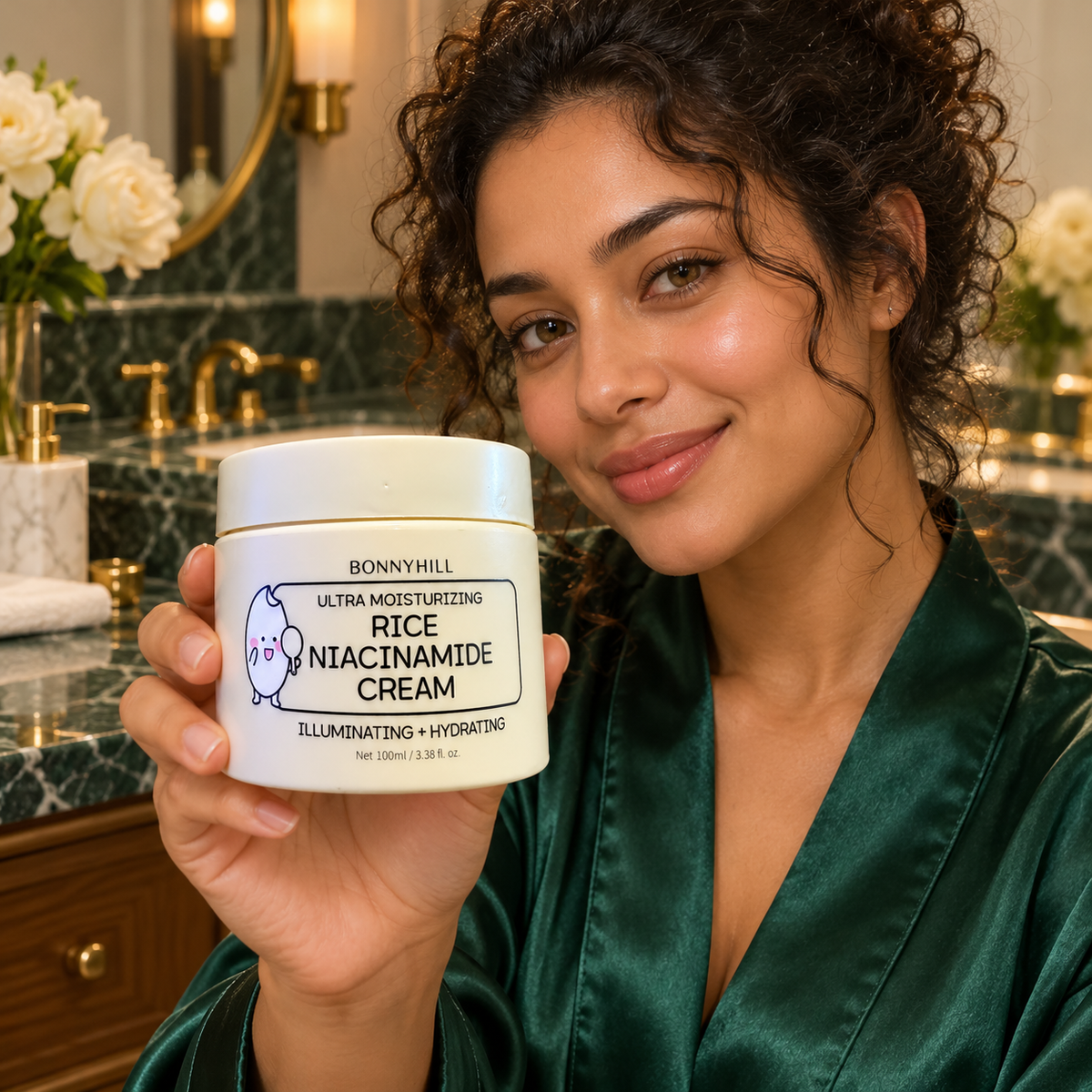 BONNYHILL Rice Niacinamide Cream 100 ml — model holding closed jar