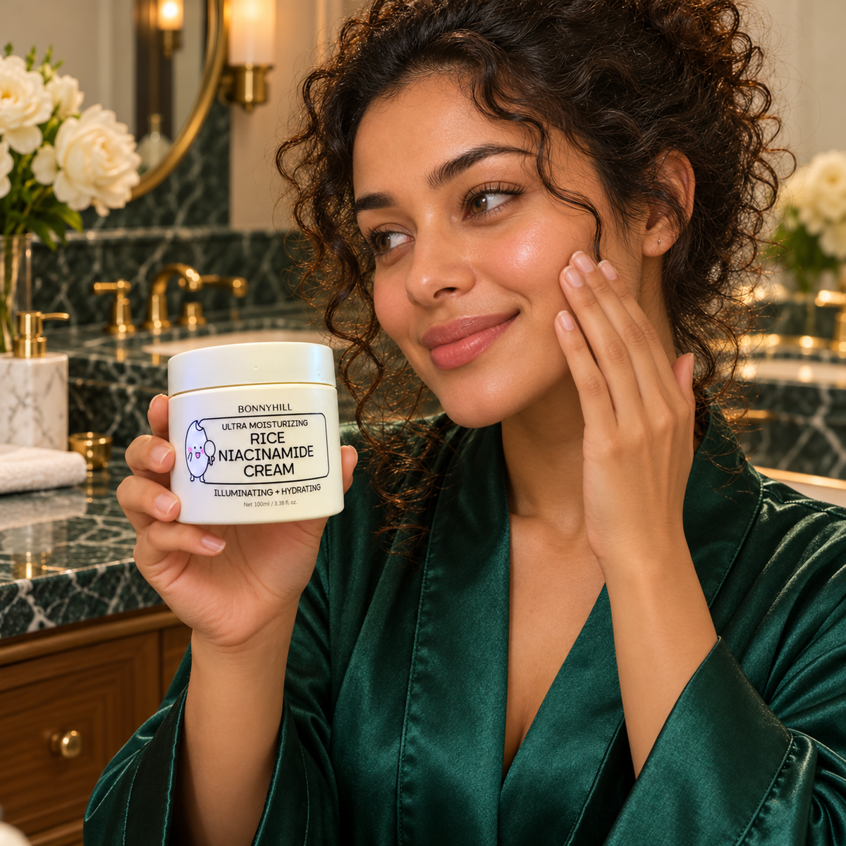 BONNYHILL Rice Niacinamide Cream 100 ml — same model gently massaging cheek