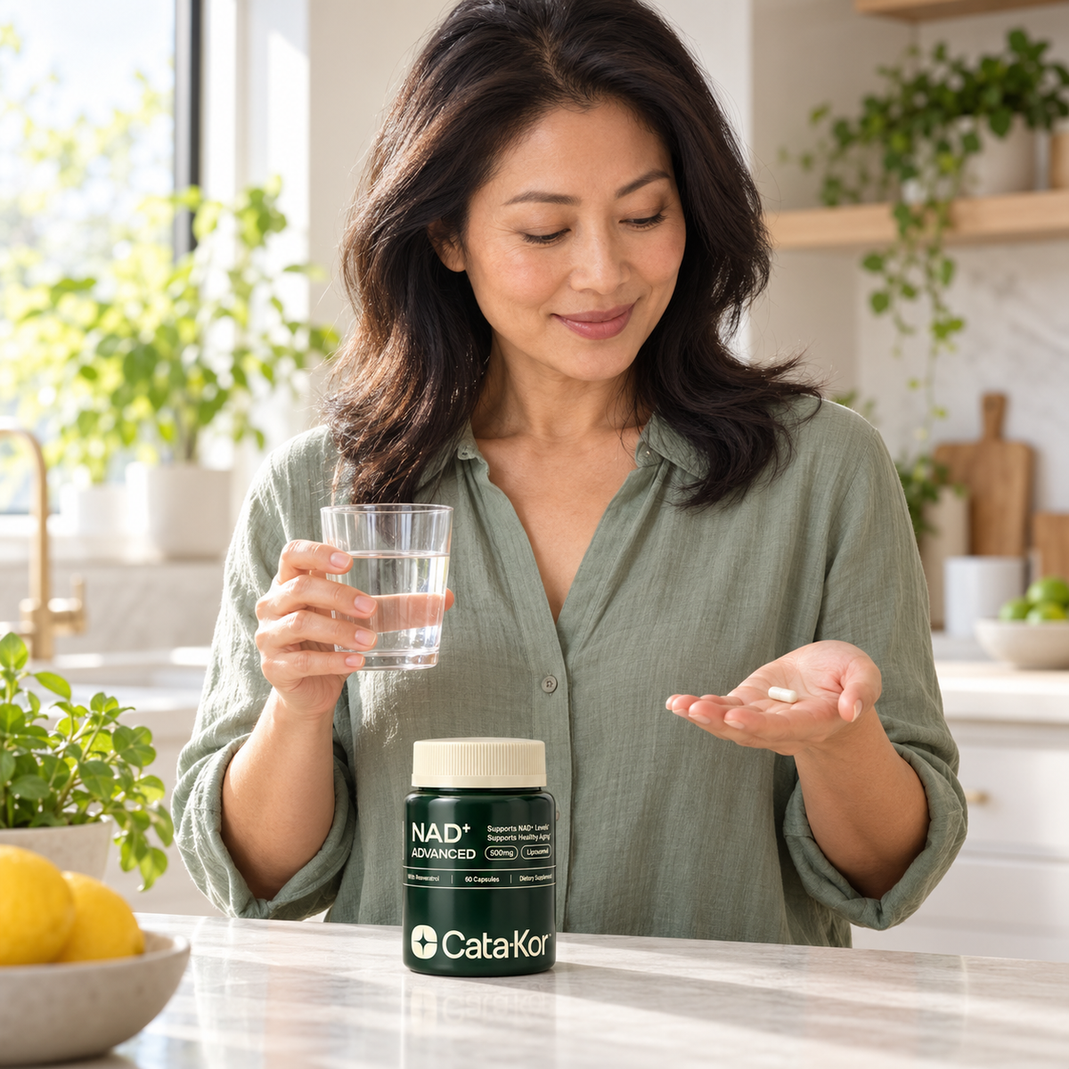 Illustrative adult model holding a white capsule and glass of water with a Cata-Kor NAD+ Advanced bottle on the counter