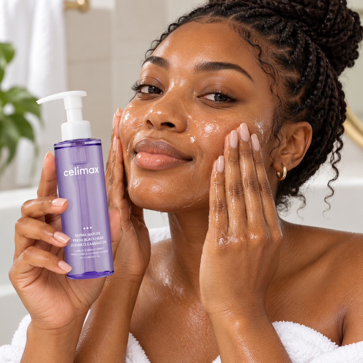 Celimax Derma Nature Fresh Blackhead Jojoba Cleansing Oil — 150 ml — model demonstrating use