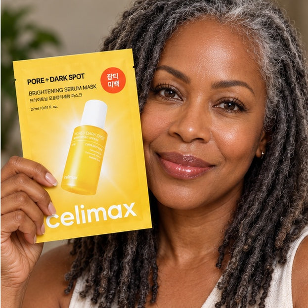 Celimax Pore + Dark Spot Brightening Serum Masks, 10 × 27 ml — model holding packaging