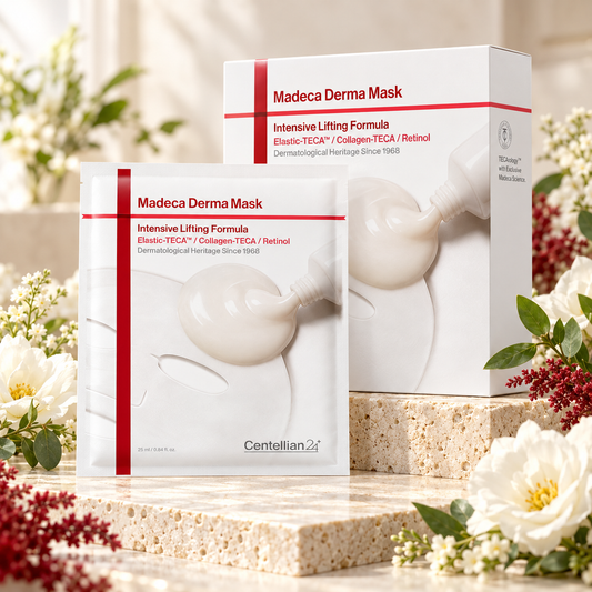 Centellian24 Madeca Derma Mask carton and sachet on ivory stone with white flowers