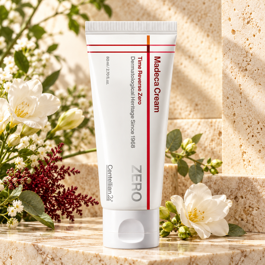 Centellian24 Madeca Cream Time Reverse Zero 80 ml on ivory stone tiles with white flowers