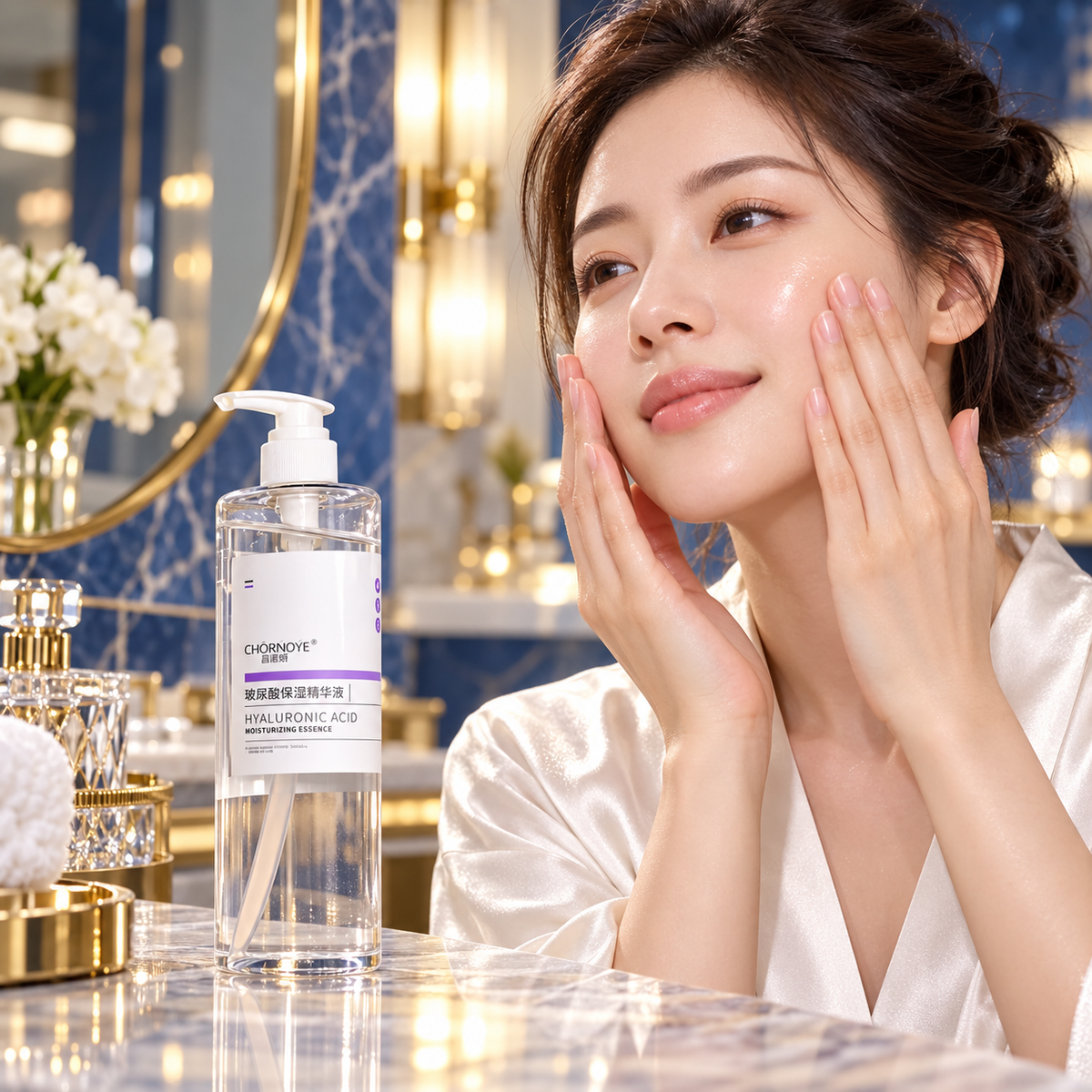 Adult woman patting facial essence with CHORNOYE bottle on vanity