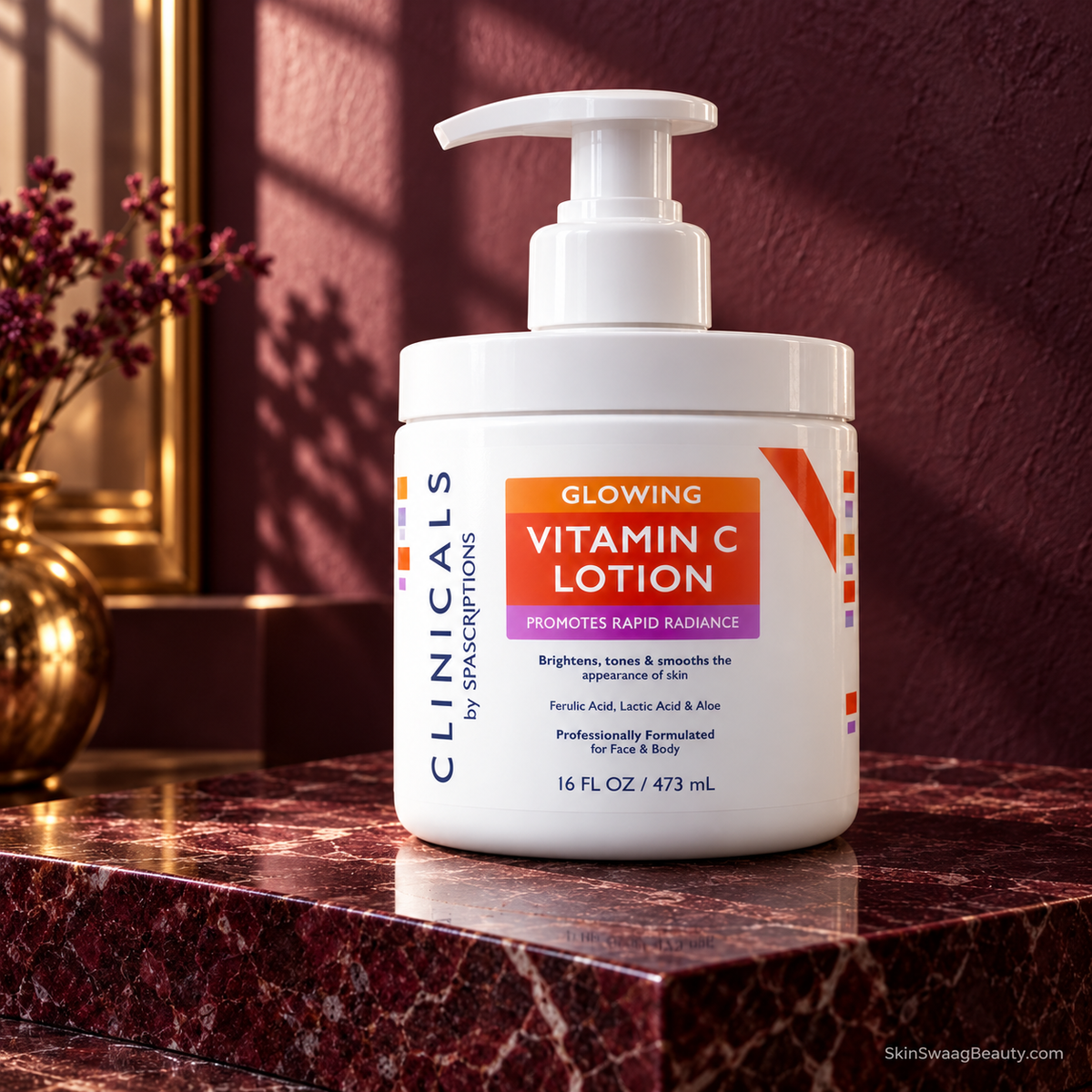 Clinicals Glowing Vitamin C Lotion 473 ml, unboxed pump bottle on plum stone; styled product-only image.