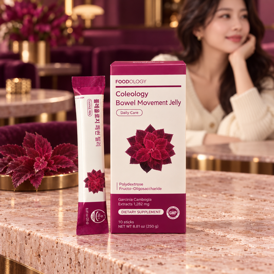 FOODOLOGY Coleology Bowel Movement Jelly — 10 Sticks, 250 g — AI-styled lifestyle product photograph.
