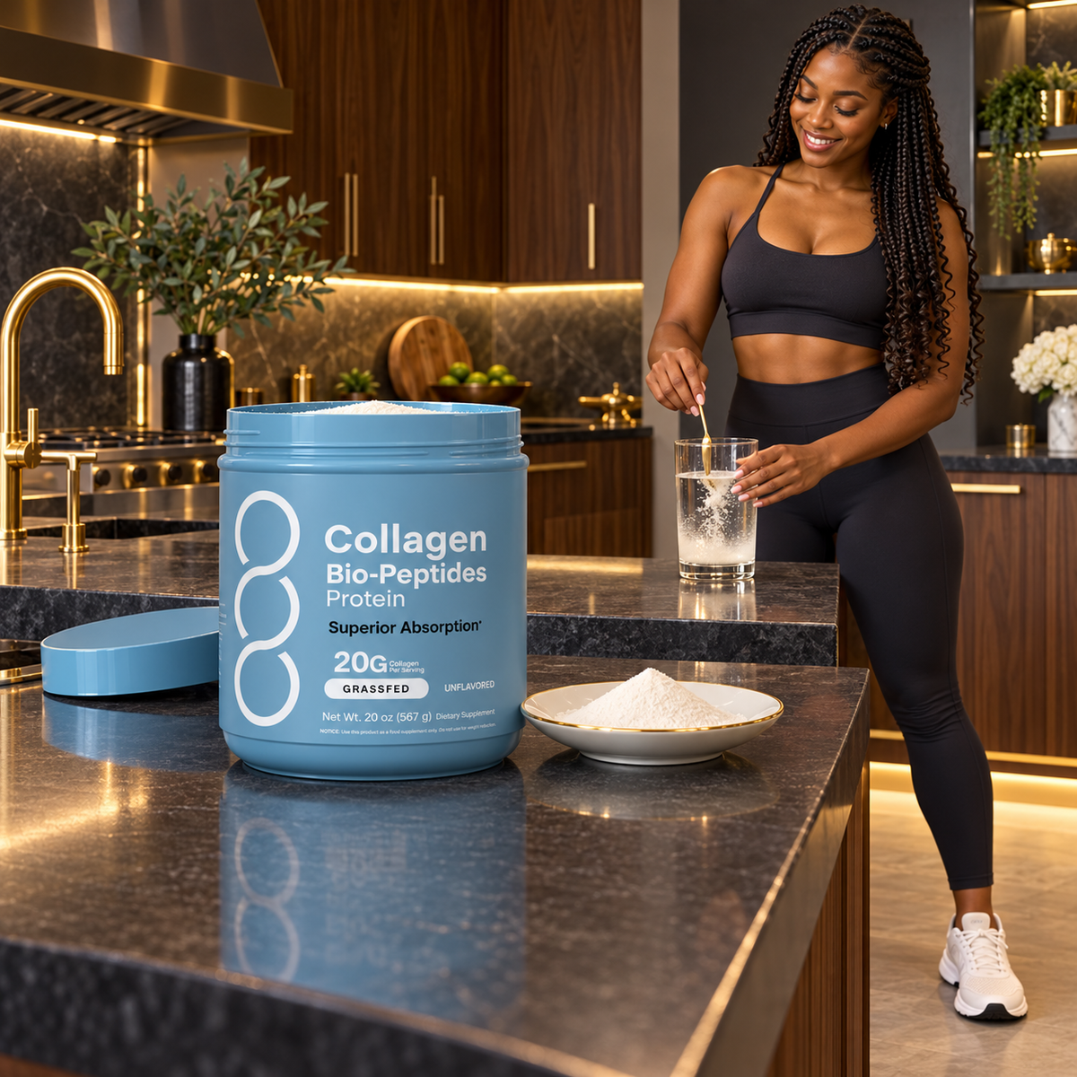 Collagen Bio-Peptides Powder in a luxury kitchen; powder and water preparation styling, utensils not included