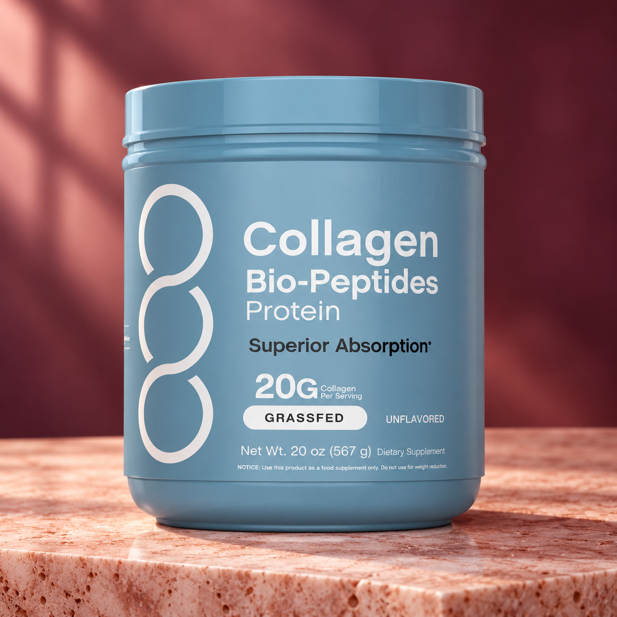 Unbranded Collagen Bio-Peptides Powder, 20 oz (567 g), with a burgundy and rose stone background