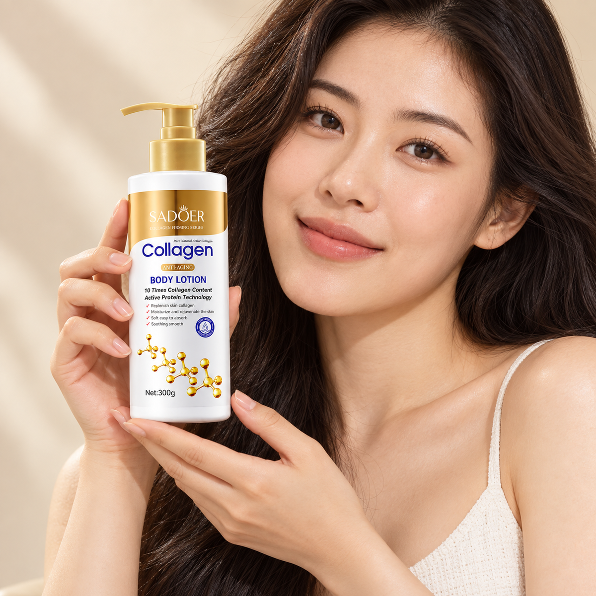 SADOER Collagen Anti-Aging Body Lotion 300 g held by an adult woman