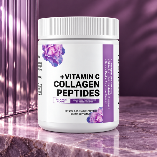 Collagen Peptides plus Vitamin C 250 g jar on lilac stone, product-only styled photograph.