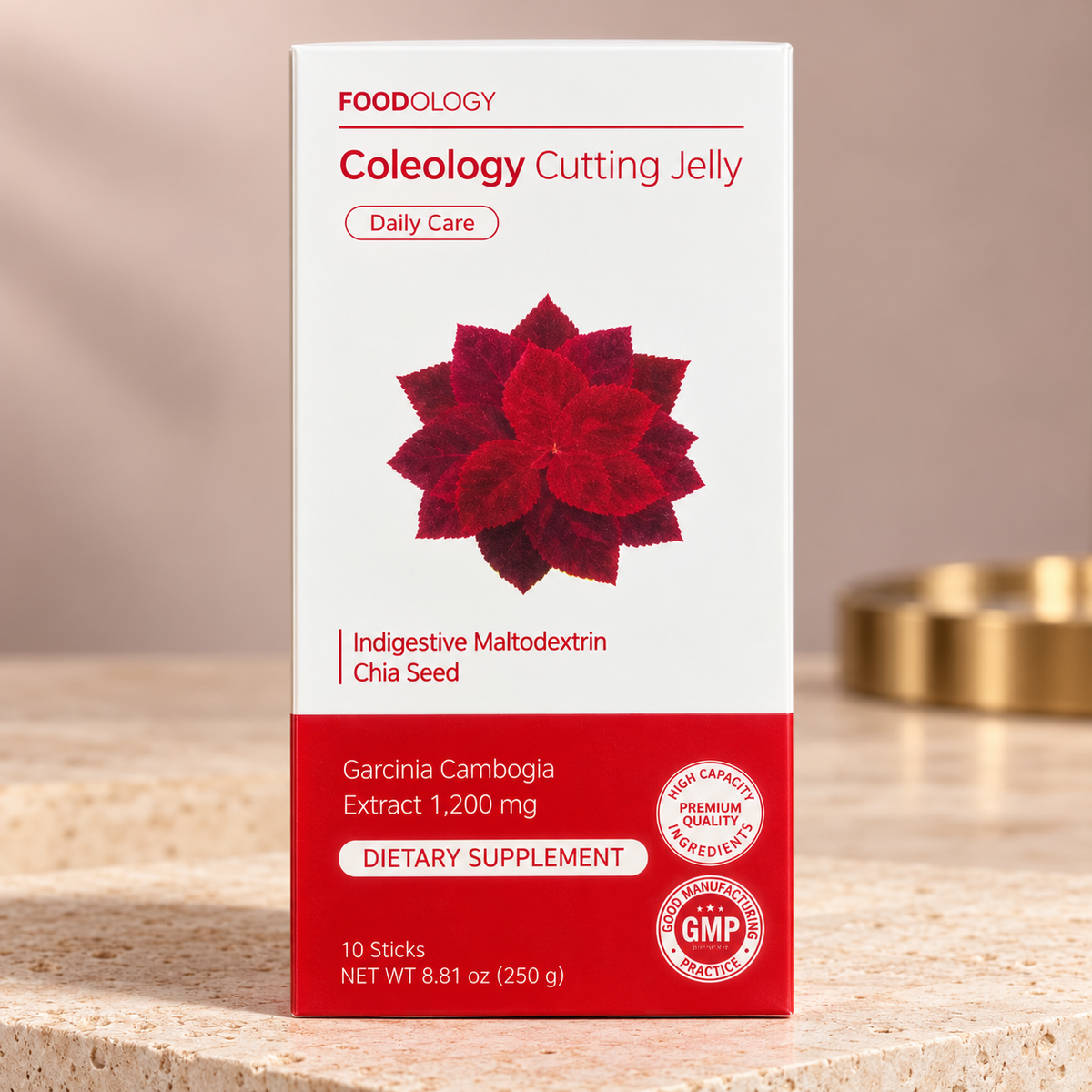 FOODOLOGY Coleology Cutting Jelly, one 10-stick box, 250 g, on a travertine display